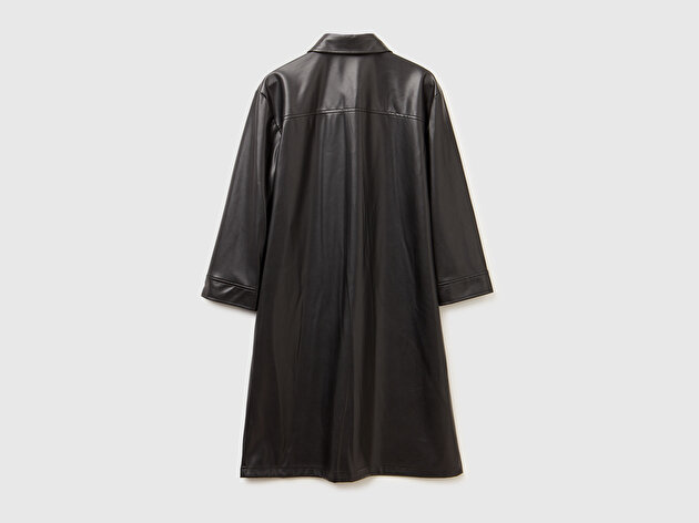 Benetton Kadın Siyah Deri Görünümlü Önü Düğmeli Uzun Kollu Elbise