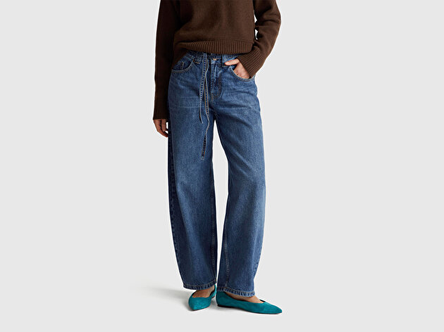 Benetton Kadın Koyu Mavi %100 Pamuk Bağcık Detaylı Denim Pantolon