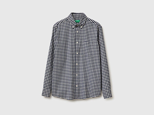 Benetton Erkek Lacivert %100 Pamuk Kare Desenli Önü Cep Detaylı Gömlek