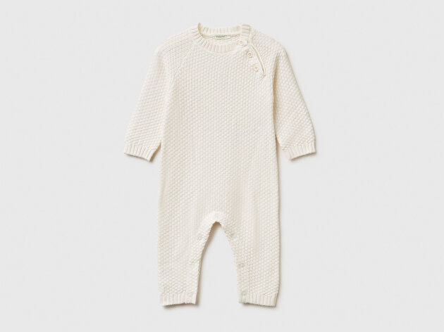 Benetton Bebek Ekru Omzu Düğmeli Bisiklet Yaka Uzun Kollu Örme Tulum