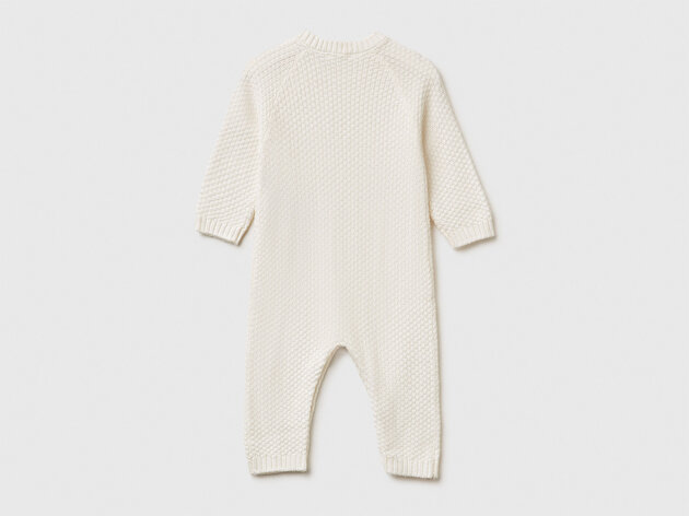 Benetton Bebek Ekru Omzu Düğmeli Bisiklet Yaka Uzun Kollu Örme Tulum