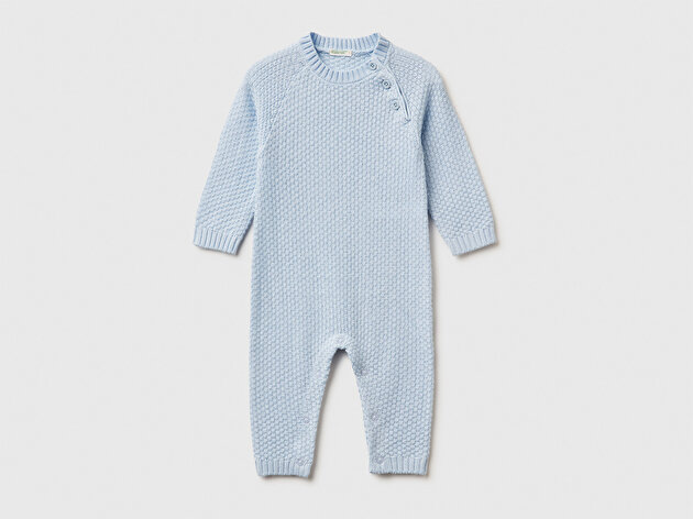 Benetton Bebek Açık Mavi Omzu Düğmeli Bisiklet Yaka Uzun Kollu Örme Tulum