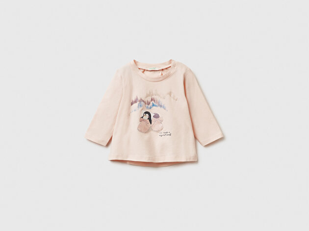 Benetton Bebek Toz Pembe Önü Baskılı Yıldız Simli Uzun Kollu T-shirt