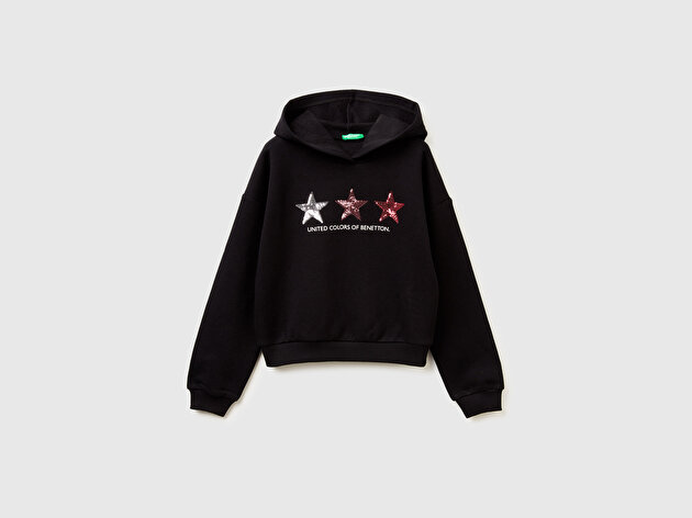 Benetton Kız Çocuk Siyah Payet İşlemeli Nervürlü Regular Fit Kapüşonlu Sweatshirt