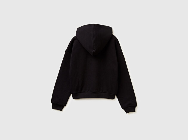 Benetton Kız Çocuk Siyah Payet İşlemeli Nervürlü Regular Fit Kapüşonlu Sweatshirt