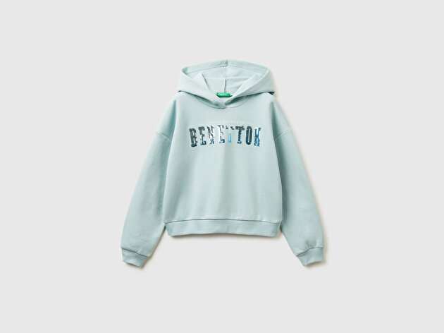Benetton Kız Çocuk Su Yeşili Payet İşlemeli Nervürlü Regular Fit Kapüşonlu Sweatshirt