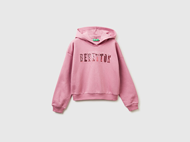 Benetton Kız Çocuk Gül Kurusu Payet İşlemeli Nervürlü Regular Fit Kapüşonlu Sweatshirt