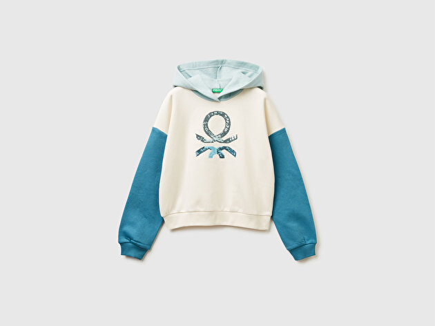 Benetton Kız Çocuk Ekru-Mavi Payet İşlemeli Nervürlü Regular Fit Kapüşonlu Sweatshirt
