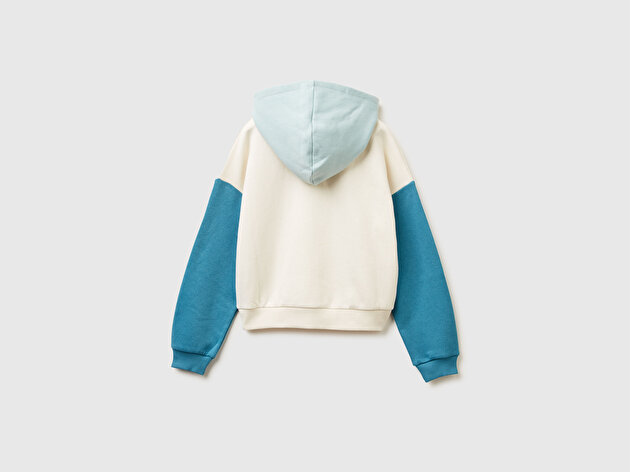 Benetton Kız Çocuk Ekru-Mavi Payet İşlemeli Nervürlü Regular Fit Kapüşonlu Sweatshirt