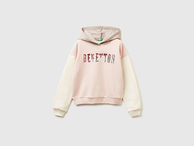 Benetton Kız Çocuk Krem-Pembe Payet İşlemeli Nervürlü Regular Fit Kapüşonlu Sweatshirt