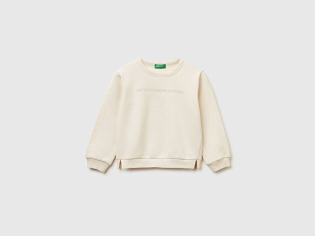 Benetton Kız Bebek Ekru Renk Bloklu Simli Logo Baskılı Yırtmaçlı Sweatshirt 