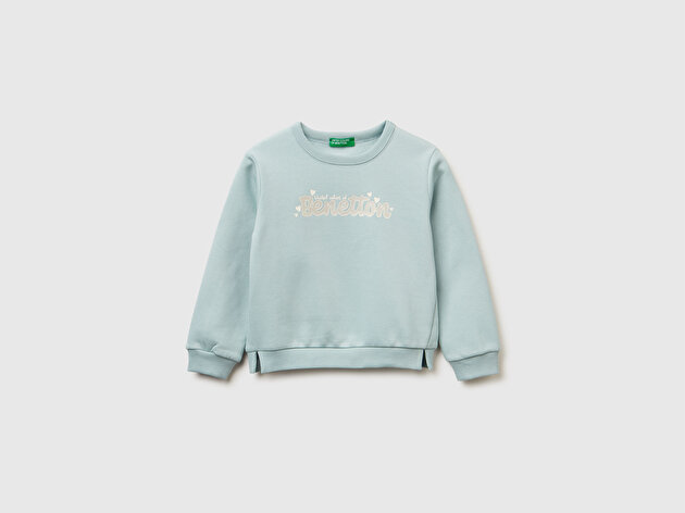 Benetton Kız Bebek Su Yeşili Renk Bloklu Simli Logo Baskılı Yırtmaçlı Sweatshirt 