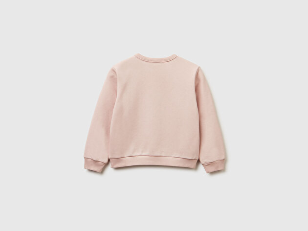 Benetton Kız Bebek Toz Pembe Renk Bloklu Simli Logo Baskılı Yırtmaçlı Sweatshirt 