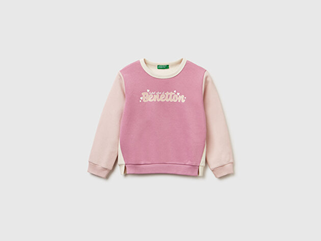 Benetton Kız Bebek Krem-Pembe Renk Bloklu Simli Logo Baskılı Yırtmaçlı Sweatshirt 