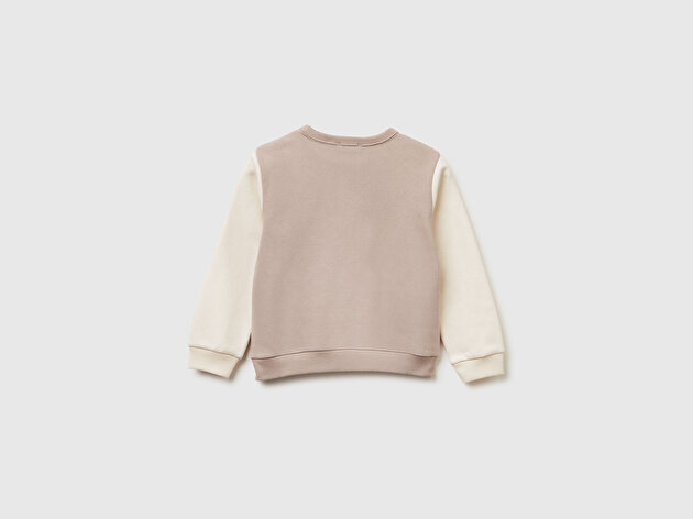 Benetton Kız Bebek Pembe-Ekru Renk Bloklu Simli Logo Baskılı Yırtmaçlı Sweatshirt 