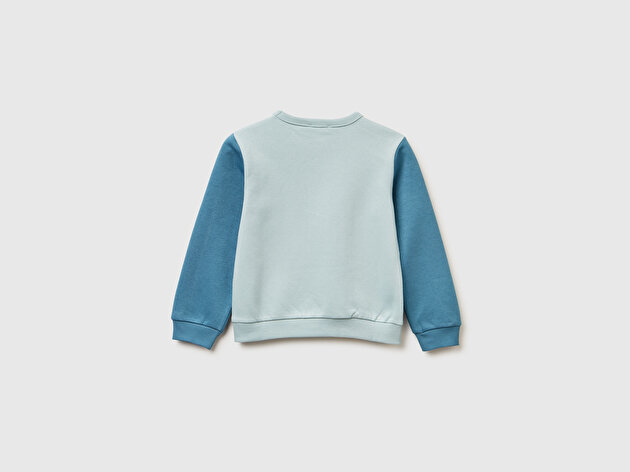 Benetton Kız Bebek Ekru-Mavi Renk Bloklu Simli Logo Baskılı Yırtmaçlı Sweatshirt 