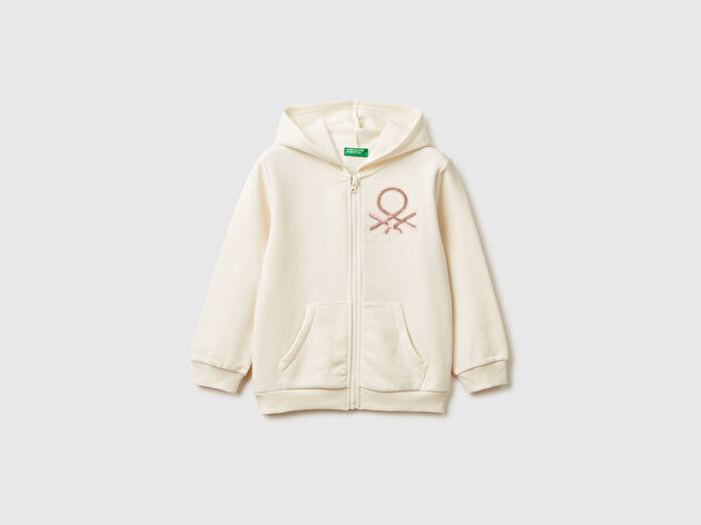 Benetton Kız Bebek Ekru Renk Bloklu Payet Nakışlı Fermuarlı Kapüşonlu Sweatshirt