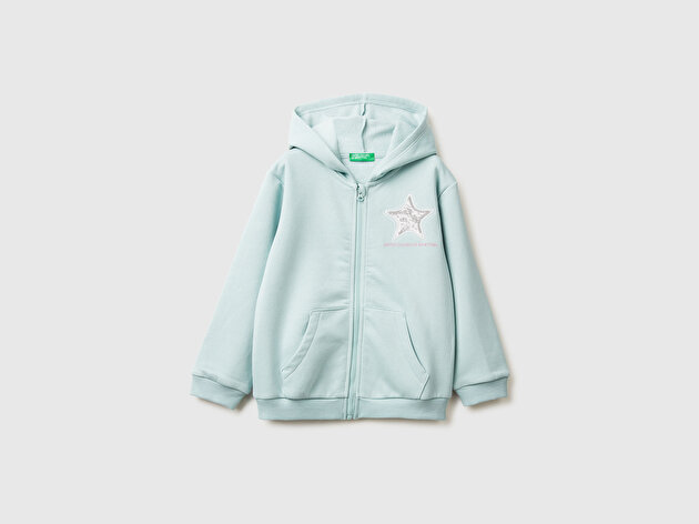 Benetton Kız Bebek Su Yeşili Renk Bloklu Payet Nakışlı Fermuarlı Kapüşonlu Sweatshirt