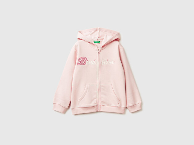 Benetton Kız Bebek Toz Pembe Renk Bloklu Payet Nakışlı Fermuarlı Kapüşonlu Sweatshirt