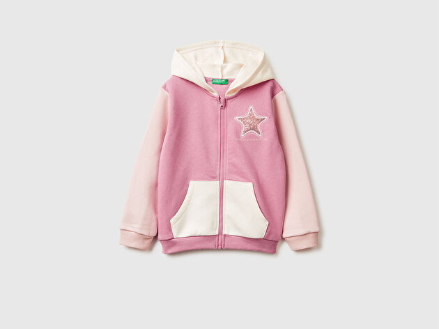 Benetton Kız Bebek Krem-Pembe Renk Bloklu Payet Nakışlı Fermuarlı Kapüşonlu Sweatshirt