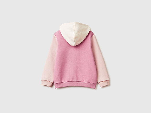 Benetton Kız Bebek Krem-Pembe Renk Bloklu Payet Nakışlı Fermuarlı Kapüşonlu Sweatshirt