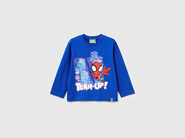 Benetton Erkek Bebek Saks Mavisi Spiderman Baskılı Logo Etiketli  Jarse Uzun Kollu T-shirt