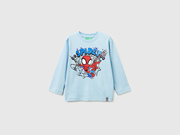 Benetton Erkek Bebek Açık Mavi Spiderman Baskılı Logo Etiketli  Jarse Uzun Kollu T-shirt