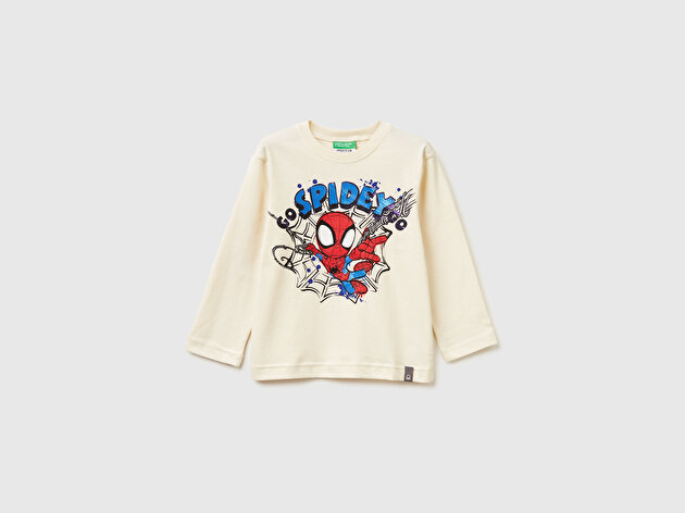 Benetton Erkek Bebek Krem Spiderman Baskılı Logo Etiketli  Jarse Uzun Kollu T-shirt