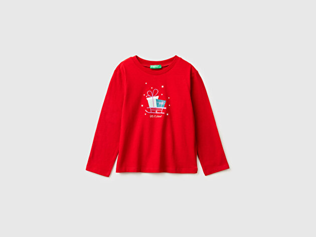 Benetton Kız Bebek Kırmızı Simli Baskılı Bisiklet Yaka Regular Fit Uzun Kollu T-shirt