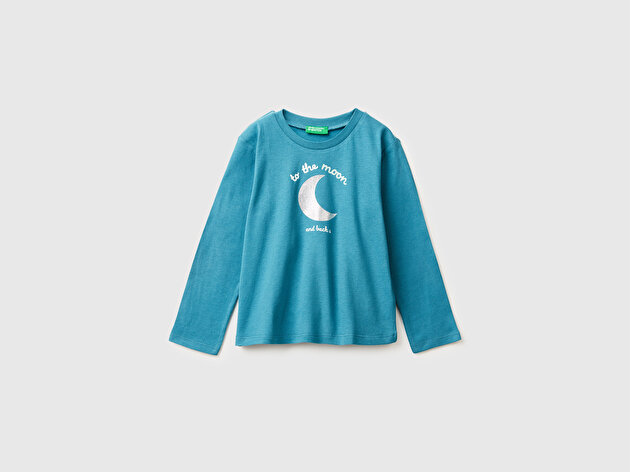 Benetton Kız Bebek Petrol Mavisi Simli Baskılı Bisiklet Yaka Regular Fit Uzun Kollu T-shirt