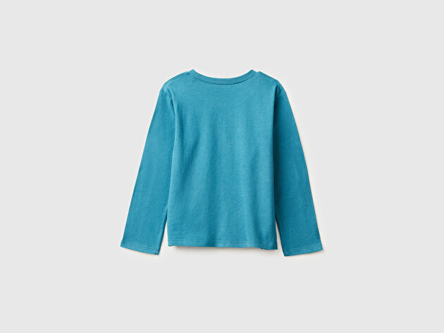 Benetton Kız Bebek Petrol Mavisi Simli Baskılı Bisiklet Yaka Regular Fit Uzun Kollu T-shirt