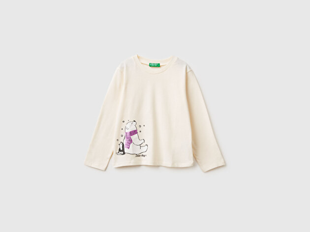 Benetton Kız Bebek Ekru Simli Baskılı Bisiklet Yaka Regular Fit Uzun Kollu T-shirt
