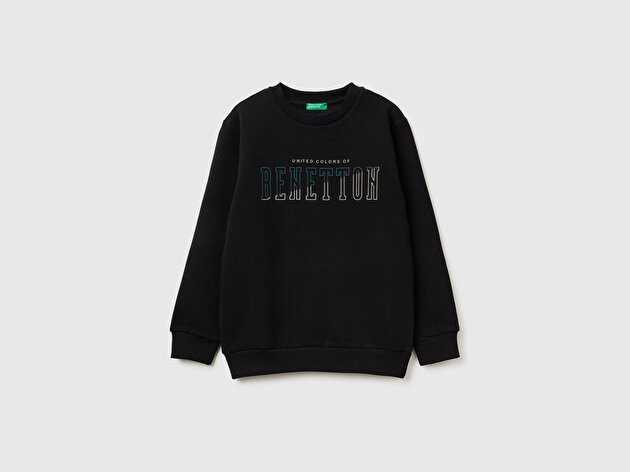 Benetton Erkek Çocuk Siyah Önü Logo Baskılı Nervürlü Sweatshirt