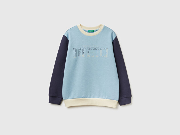 Benetton Erkek Çocuk Mavi-Krem Önü Logo Baskılı Nervürlü Sweatshirt