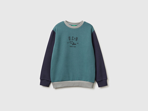 Benetton Erkek Çocuk Koyu Yeşil-Gri Önü Logo Baskılı Nervürlü Sweatshirt