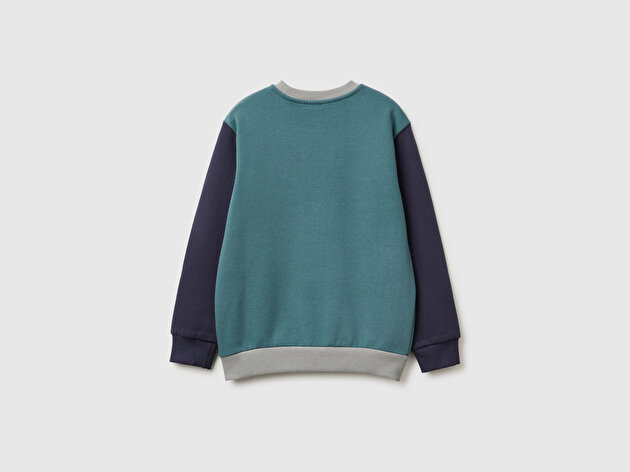Benetton Erkek Çocuk Koyu Yeşil-Gri Önü Logo Baskılı Nervürlü Sweatshirt