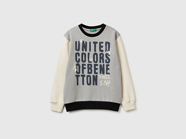 Benetton Erkek Çocuk Gri-Krem Önü Logo Baskılı Nervürlü Sweatshirt
