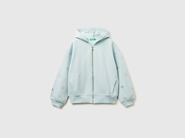 Benetton Kız Çocuk Su Yeşili Kristal Aplikeli Logo Detaylı Fermuarlı Kapüşonlu Sweatshirt