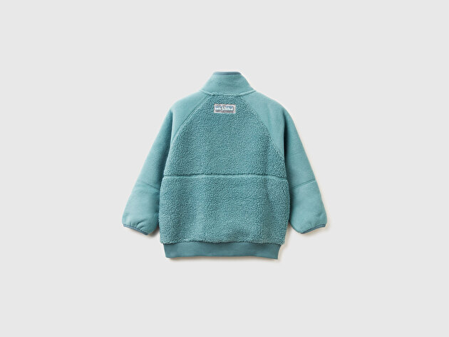 Benetton Erkek Bebek Gri-Yeşil Çift Taraflı Fermuarlı Cep Detaylı Dik Yaka Peluş Sweatshirt