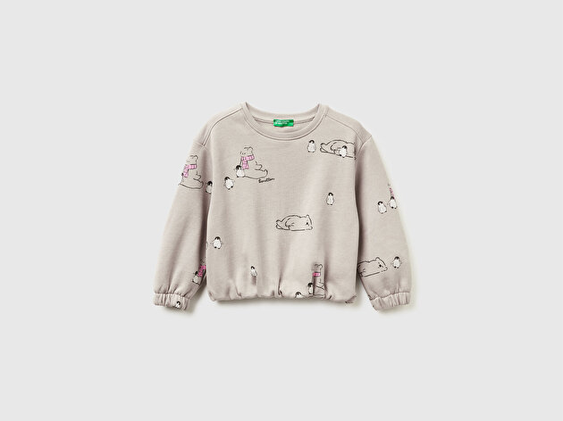 Benetton Kız Bebek Kahverengi Mix Tamamı Baskılı Ribanalı Sweatshirt