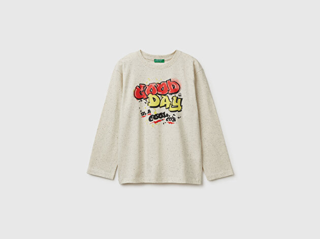 Benetton Erkek Çocuk Krem Mix Önü ve Arkası Baskılı Jarse Uzun Kollu T-shirt