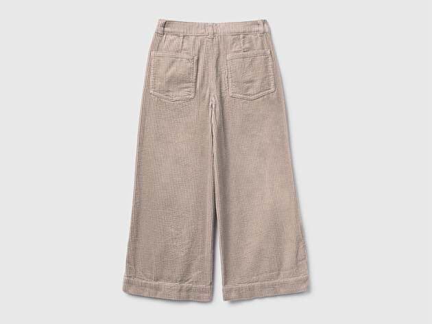 Benetton Kız Çocuk Bej Logo İşlemeli Yırtmaçlı Fermuarlı Düğmeli Wide Fit Pantolon