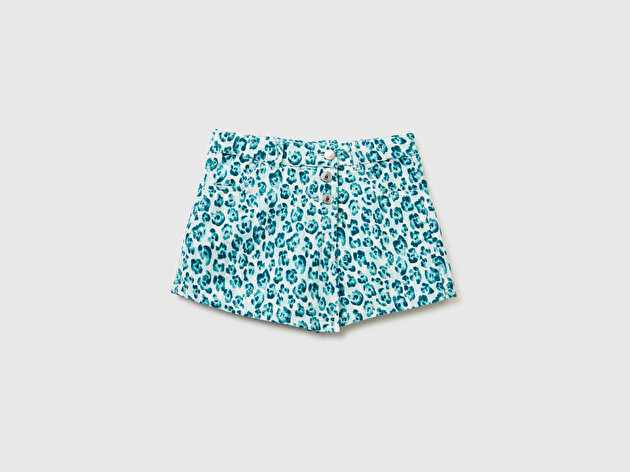 Benetton Kız Çocuk Mint Yeşili Tamamı Desenli Düğmeli Ayarlanabilir Bel Kadife Bermuda Şort