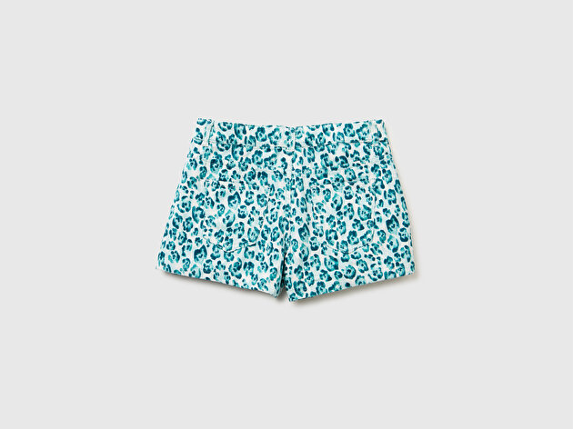 Benetton Kız Çocuk Mint Yeşili Tamamı Desenli Düğmeli Ayarlanabilir Bel Kadife Bermuda Şort