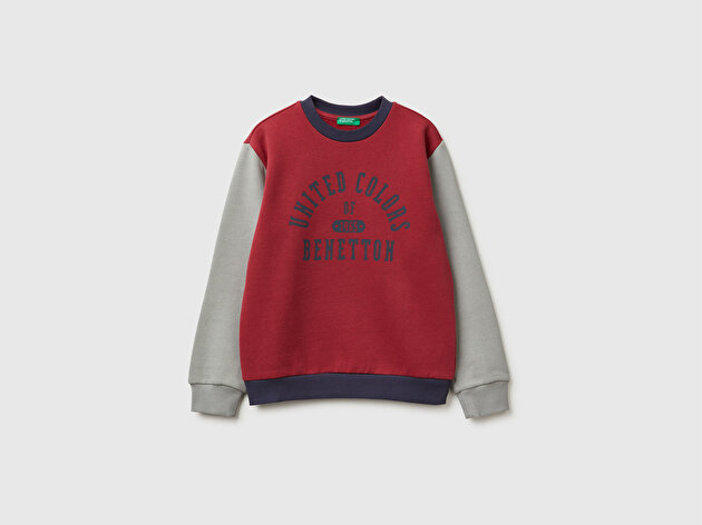 Benetton Erkek Çocuk Bordo-Gri Önü Logo Baskılı Nervürlü Sweatshirt