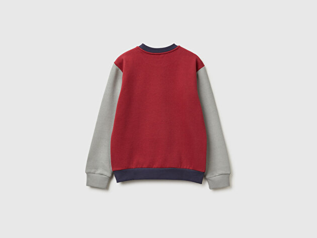 Benetton Erkek Çocuk Bordo-Gri Önü Logo Baskılı Nervürlü Sweatshirt