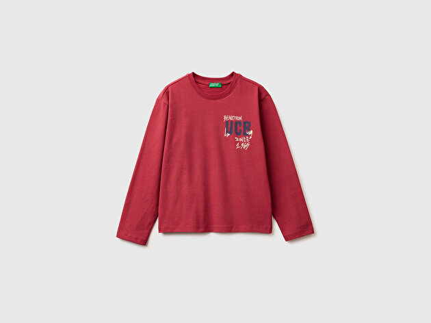 Benetton Erkek Çocuk Bordo Önü Logo Baskılı Uzun Kollu T-shirt