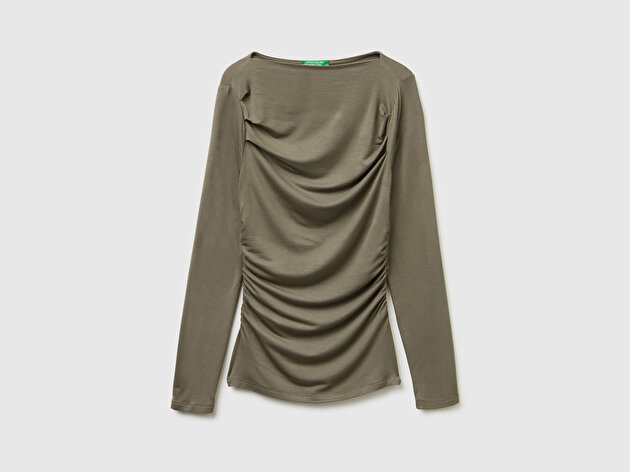 Benetton Kadın Haki Modal Karışımlı Slim Fit Kayık Yaka Uzun Kollu T-Shirt