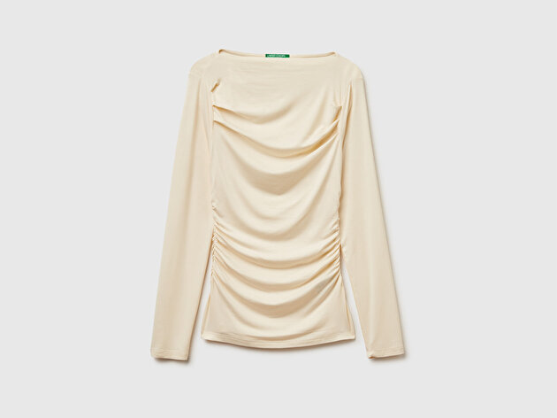Benetton Kadın Krem Modal Karışımlı Slim Fit Kayık Yaka Uzun Kollu T-Shirt
