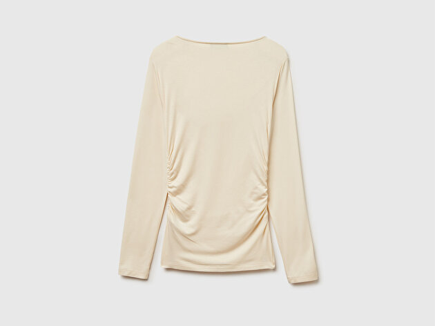 Benetton Kadın Krem Modal Karışımlı Slim Fit Kayık Yaka Uzun Kollu T-Shirt